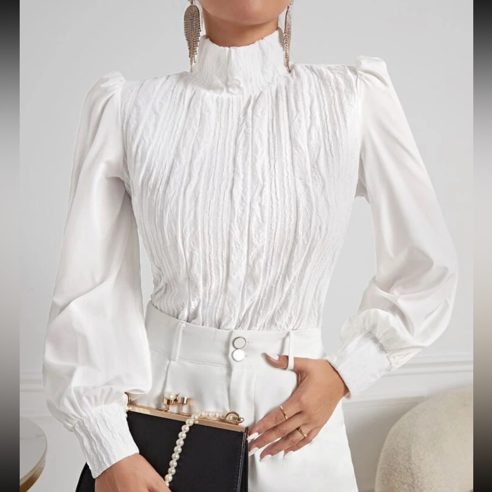 Classic Mock Neck Long Sleeve Cuff Puff Top Blouse Shirt
